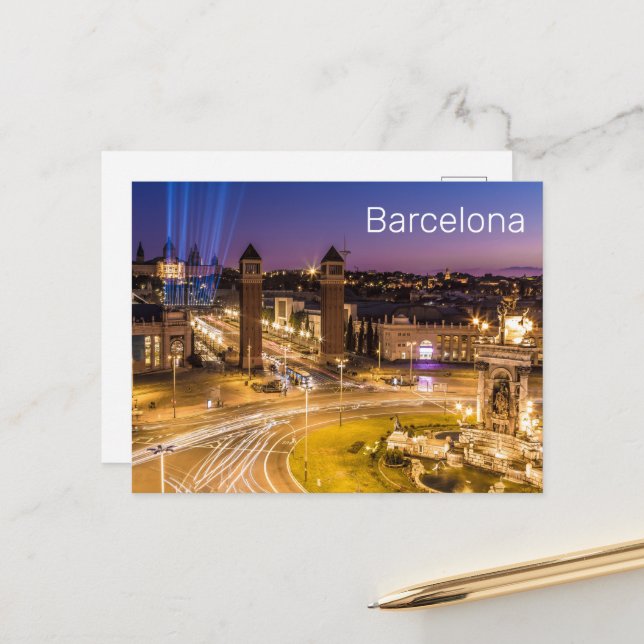 Barcelona Plaza de Espana Catalonia Spain Sunset Holiday Postcard (Front/Back In Situ)