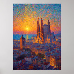 Barcelona Sagrada Familia Pointillism Sunset Art Poster