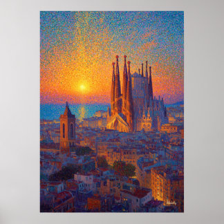 Barcelona Sagrada Familia Pointillism Sunset Art Poster