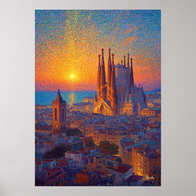 Barcelona Sagrada Familia Pointillism Sunset Art Poster (Front)