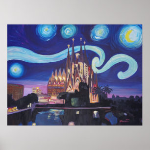 Barcelona Sagrada Familia Starry night Poster