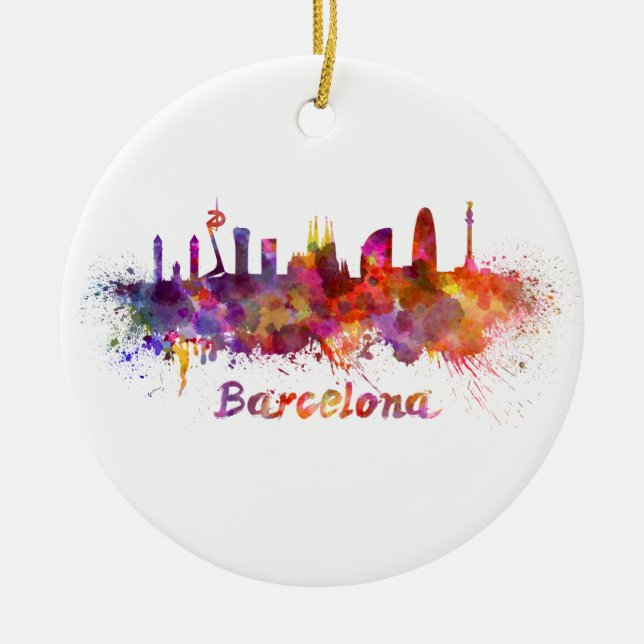 Barcelona skyline in watercolor ceramic ornament (Front)