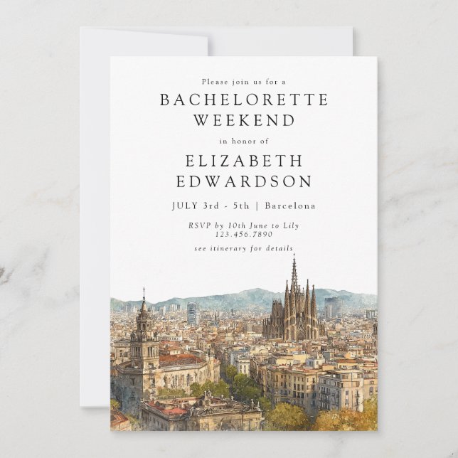 Barcelona Skyline Watercolor Bachelorette Weekend Invitation (Front)