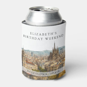Barcelona Skyline Watercolor Birthday Weekend Can Cooler