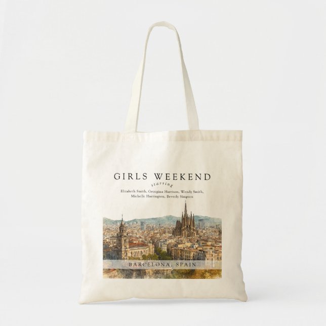 Barcelona Skyline Watercolor Girls Weekend Tote Bag (Front)
