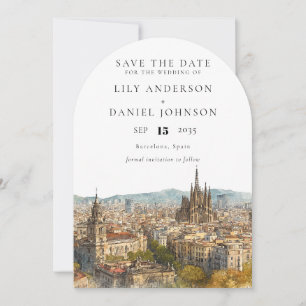 Barcelona Skyline Watercolor Wedding Arch Save The Date