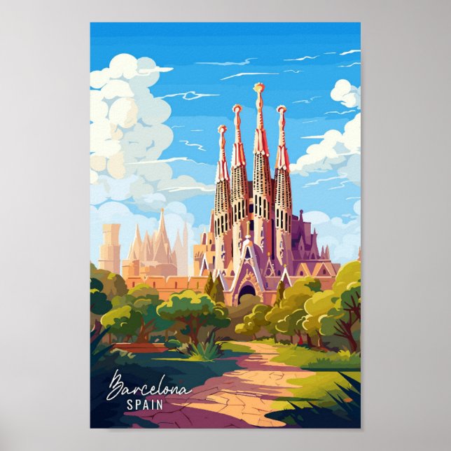 Barcelona Spain Art vintage travel illustration Poster (Front)