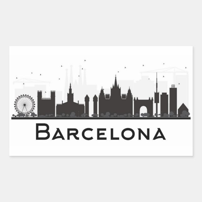 Barcelona, Spain | Black & White City Skyline Rectangular Sticker (Front)