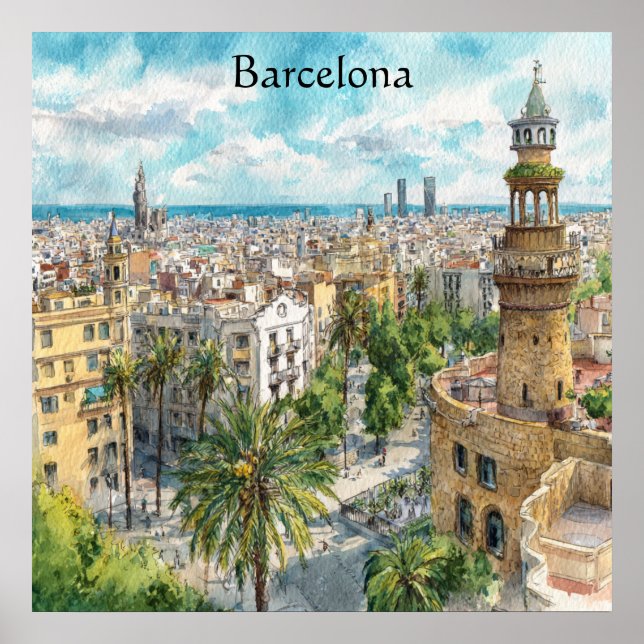 Barcelona Spain Catalonia City VIew Oil Paint Poster (Front)