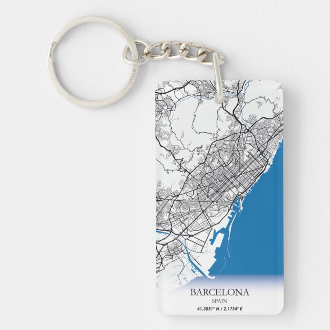 Barcelona Spain City Map Travel Simple Minimal Key Ring (Front)