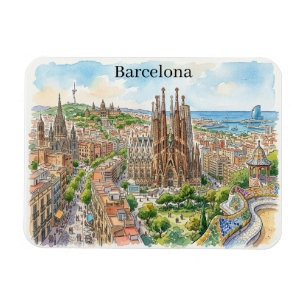 Barcelona Spain Cityscape Watercolor Illustration Magnet