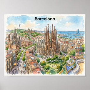 Barcelona Spain Cityscape Watercolor Illustration Poster