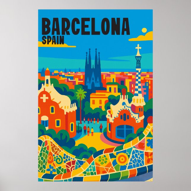 Barcelona Spain Colourful Aerial View Travel Poster (Front)