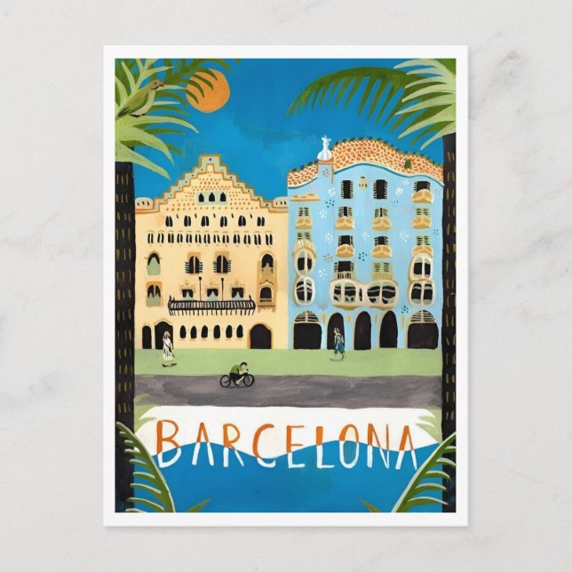 Barcelona Spain Colourful Cityscape Retro Inspired Postcard (Front)