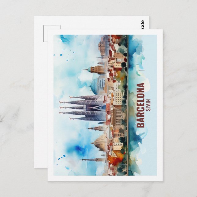Barcelona Spain Famous Travel Place Watercolor Postcard (Front/Back)