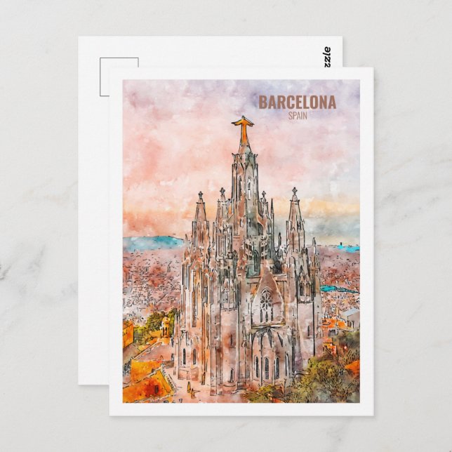 Barcelona Spain Famous Travel Watercolor Sketch Postcard (Front/Back)