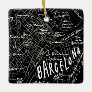 Barcelona Spain Map Ornament - Black Vintage Style