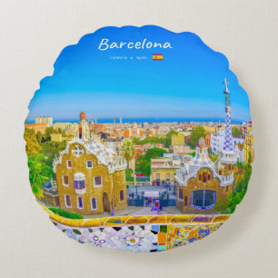 Barcelona, Spain - Park Guell Gaudi Mosaic Round Cushion