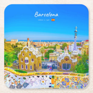 Barcelona, Spain - Park Guell Gaudi Mosaic Square Paper Coaster