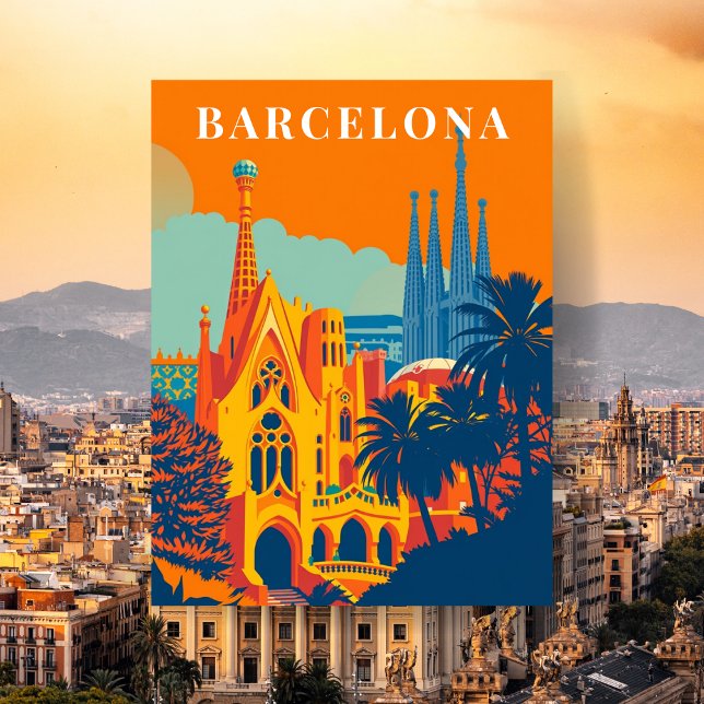 Barcelona Spain Retro Travel Illustration Postcard (Barcelona Spain Retro Travel Illustration Postcard)