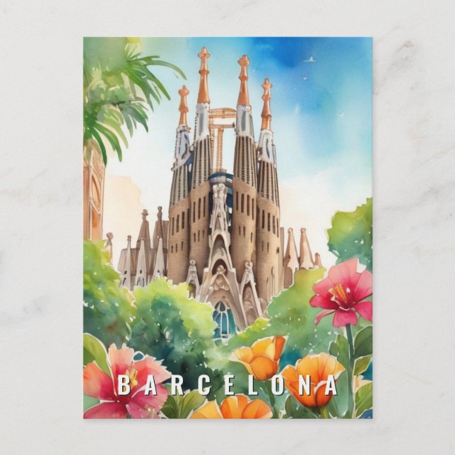 Barcelona Spain Sagrada Familia Retro Travel Postcard (Front)