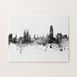 Barcelona Spain Skyline Black White Jigsaw Puzzle