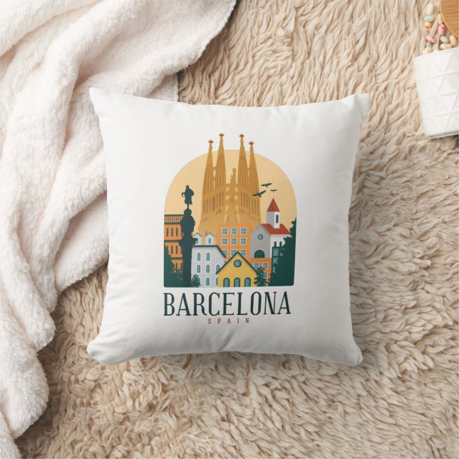 Barcelona Spain Skyline Vintage Cushion (Blanket)