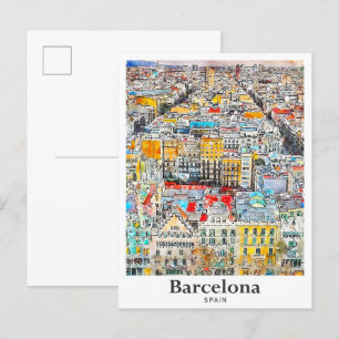 Barcelona Spain Travel Watercolor Hand Drawn Postcard