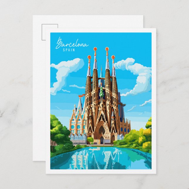 Barcelona Spain vintage travel illustration Postcard (Front/Back)