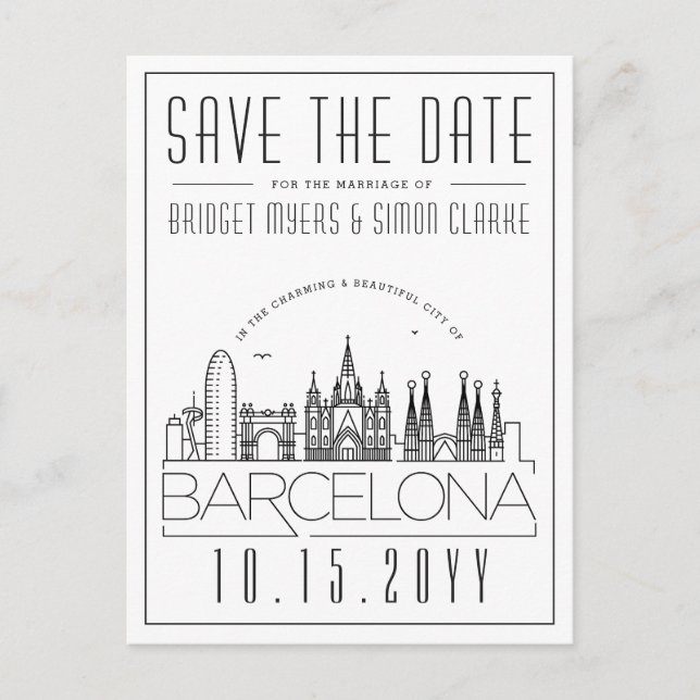 Barcelona | Stylised Skyline Save the Date Postcard (Front)