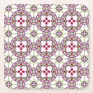 Barcelona tile flower with pink ribbons square paper coaster