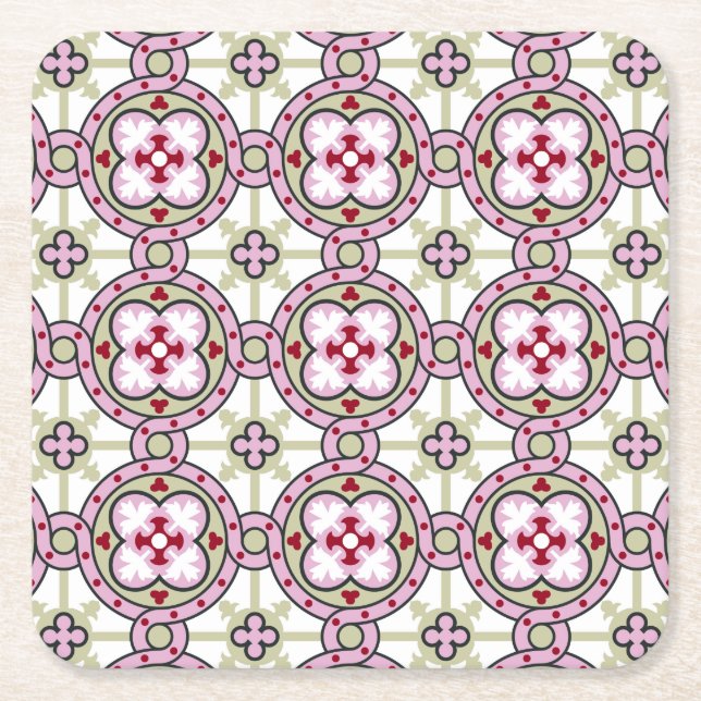 Barcelona tile flower with pink ribbons square paper coaster (Front)