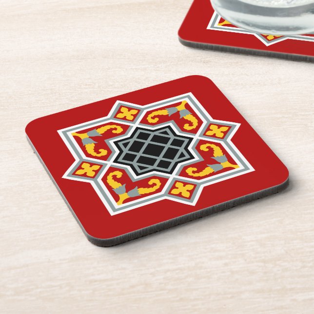 Barcelona tile red octagonal pattern on red coaster (Left Side)