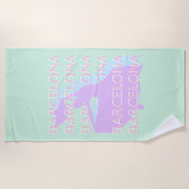 Barcelona Travel Art, Spain Art, Pastel, Green Beach Towel (Front)