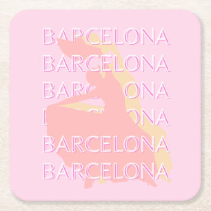 Barcelona Travel Art, Spain Art, Pink, Pastel Square Paper Coaster