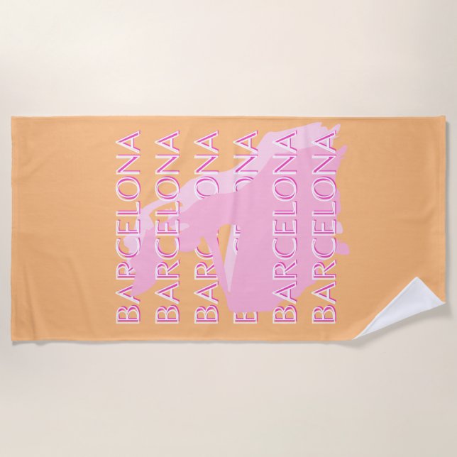 Barcelona Travel Art, Spain, Orange, Pink Beach Towel (Front)