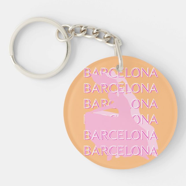 Barcelona Travel Art, Spain, Orange, Pink Key Ring (Front)
