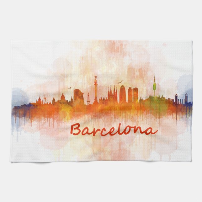 Barcelona watercolor Skyline v04 Tea Towel (Horizontal)