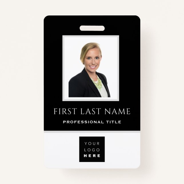 Barcode Photo Name ID Card Vertical Black White ID Badge (Front)