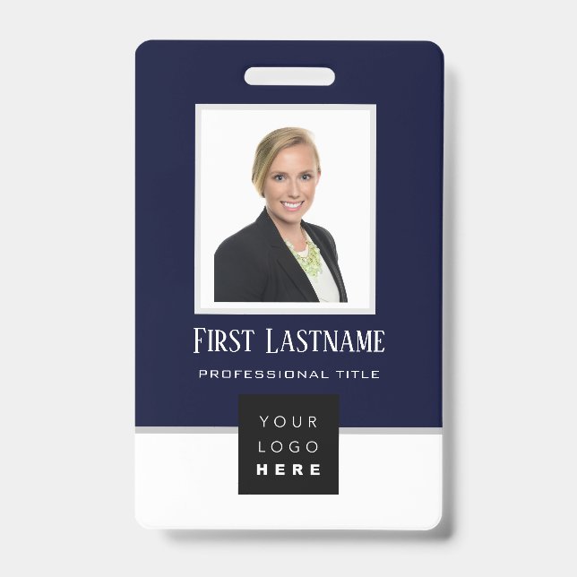 Barcode Photo Name ID Card Vertical Blue Navy Badge (Front)