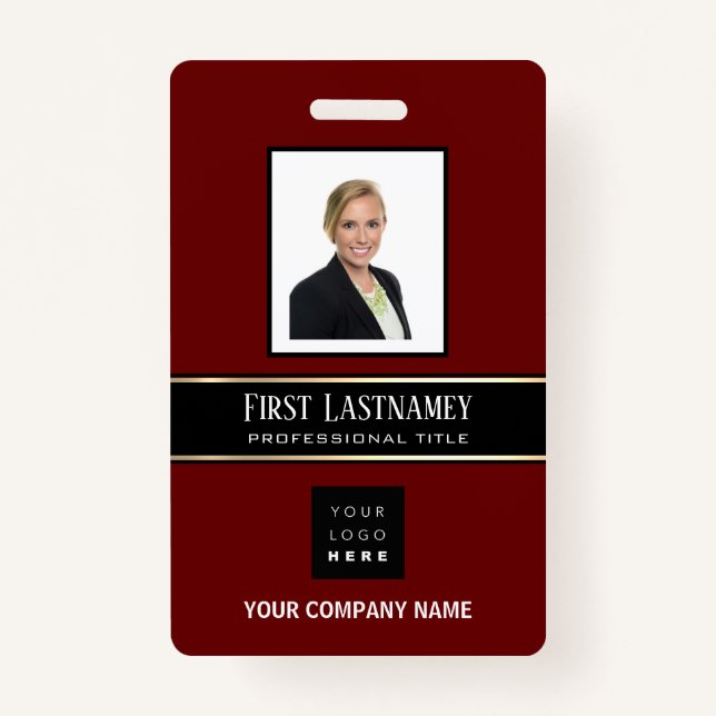 Barcode Photo Name ID Card Vertical Gold Burgundy ID Badge (Front)