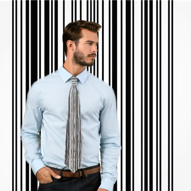 Barcode Vertical Striped Tie (Black and White) (Man wears a tie with a barcode stripes pattern (black and white vertical stripes.))