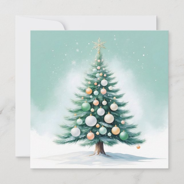 Bare Green Pine Tree | Silver Green Orange Holiday Card (Front)