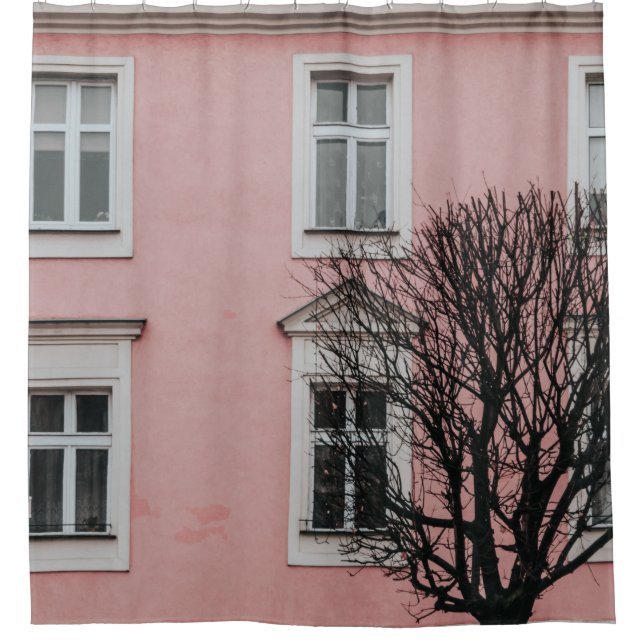 BARE TREE IN FRONT OF PINK BUILDING SHOWER CURTAIN (Front)
