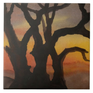 Bare winter tree with late evening sunset sky ceramic tile