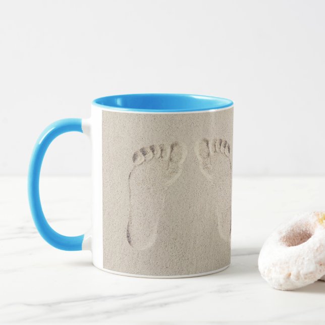 Barefoot Prints in Beach Sand  Mug (With Donut)