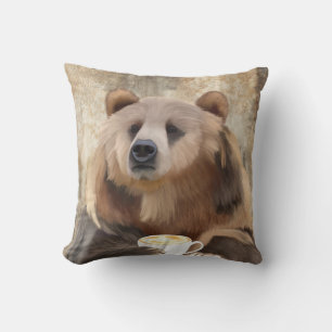 Barely Awake Bear Sipping Coffee Decorative Cushion