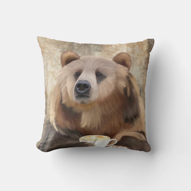 Barely Awake Bear Sipping Coffee Decorative Cushion (Front)