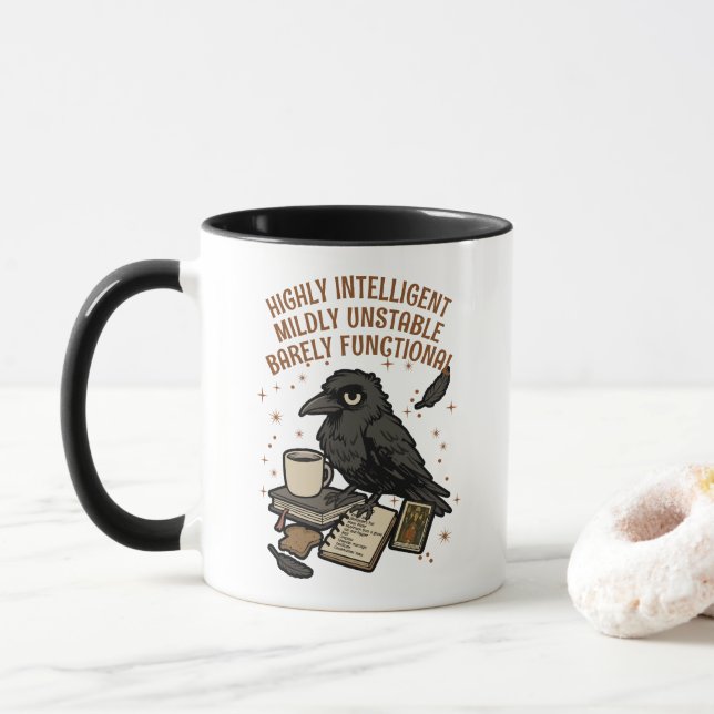 Barely Functional Crow: Intelligent, Unstable Mug (With Donut)