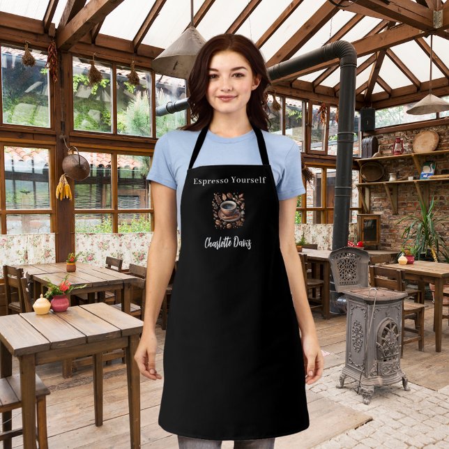 Barista black white cup coffee beans name quote apron (Creator Uploaded)